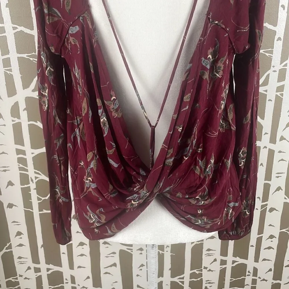 Free People Burgundy Floral Print Open Draped Back Long Sleeve Top S